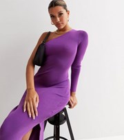 New Look Dark Purple Ribbed Knit One Shoulder Midi Dress
